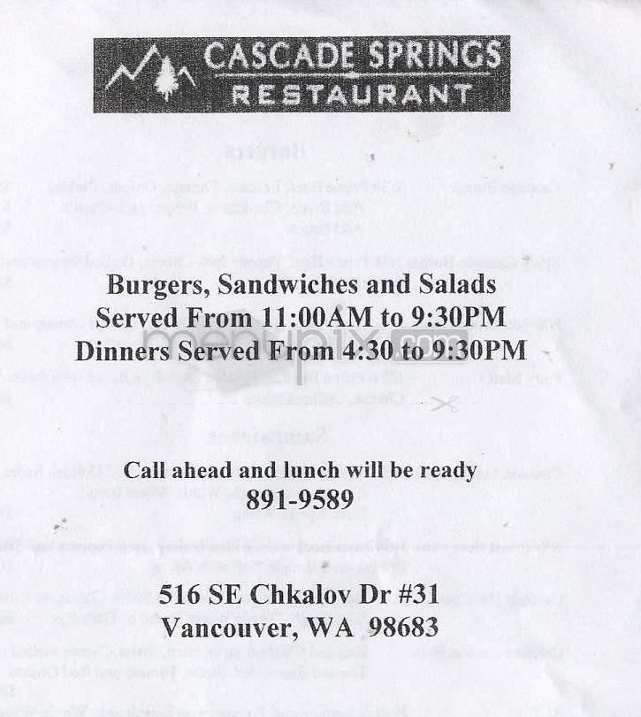 Cascade Springs Restaurant - Vancouver, WA menu_pic