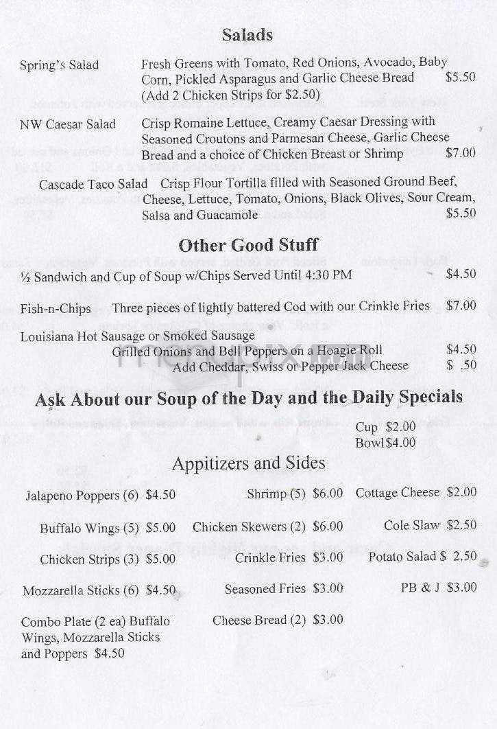 Cascade Springs Restaurant - Vancouver, WA menu_pic