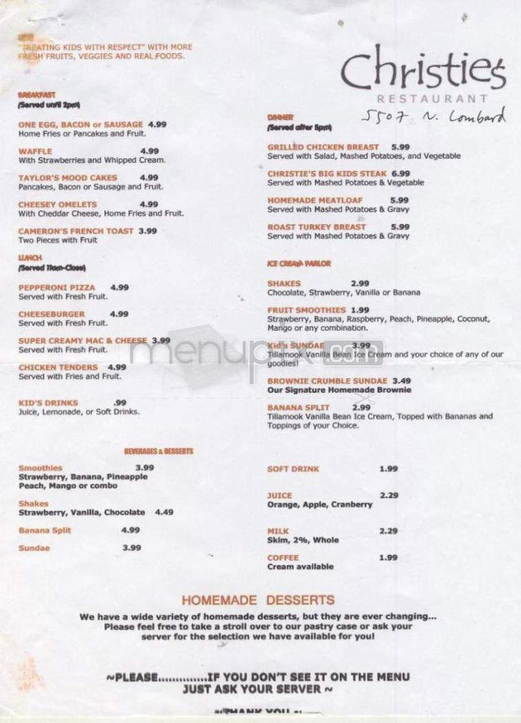 Christie's Restaurant - Portland, OR menu_pic