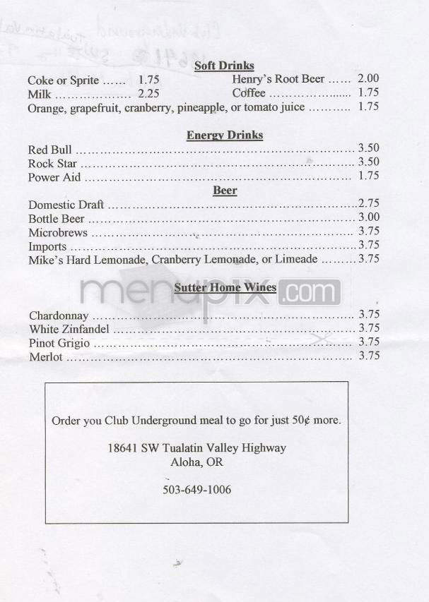Club Underground Restaurant - Beaverton, OR menu_pic