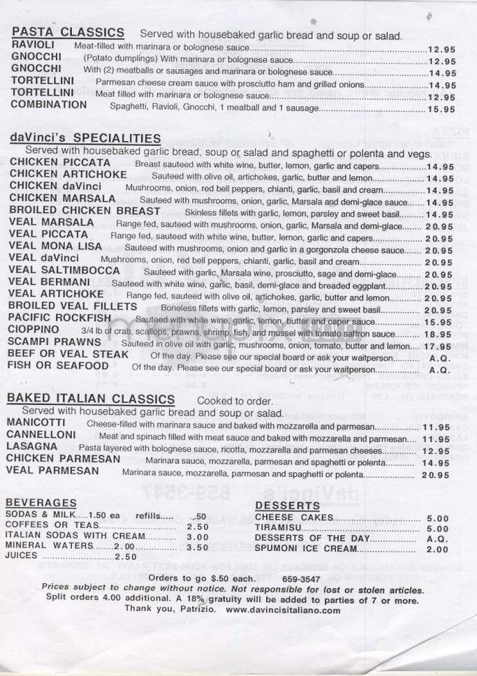 Da Vinci's Italiano Ristorante - Milwaukie, OR menu_pic