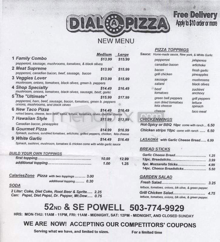 Dial A Pizza - Portland, OR menu_pic
