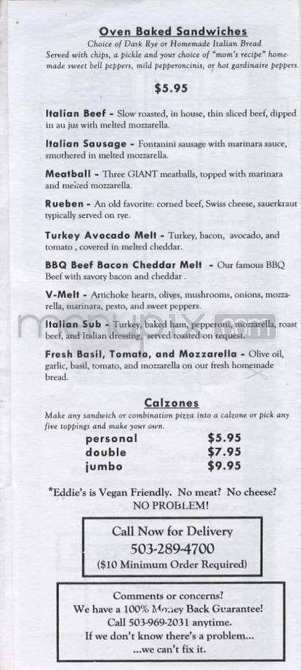 Eddie's Pizza - Portland, OR menu_pic