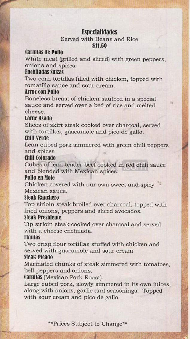 El Presidente Mexican Cantina - Vancouver, WA menu_pic