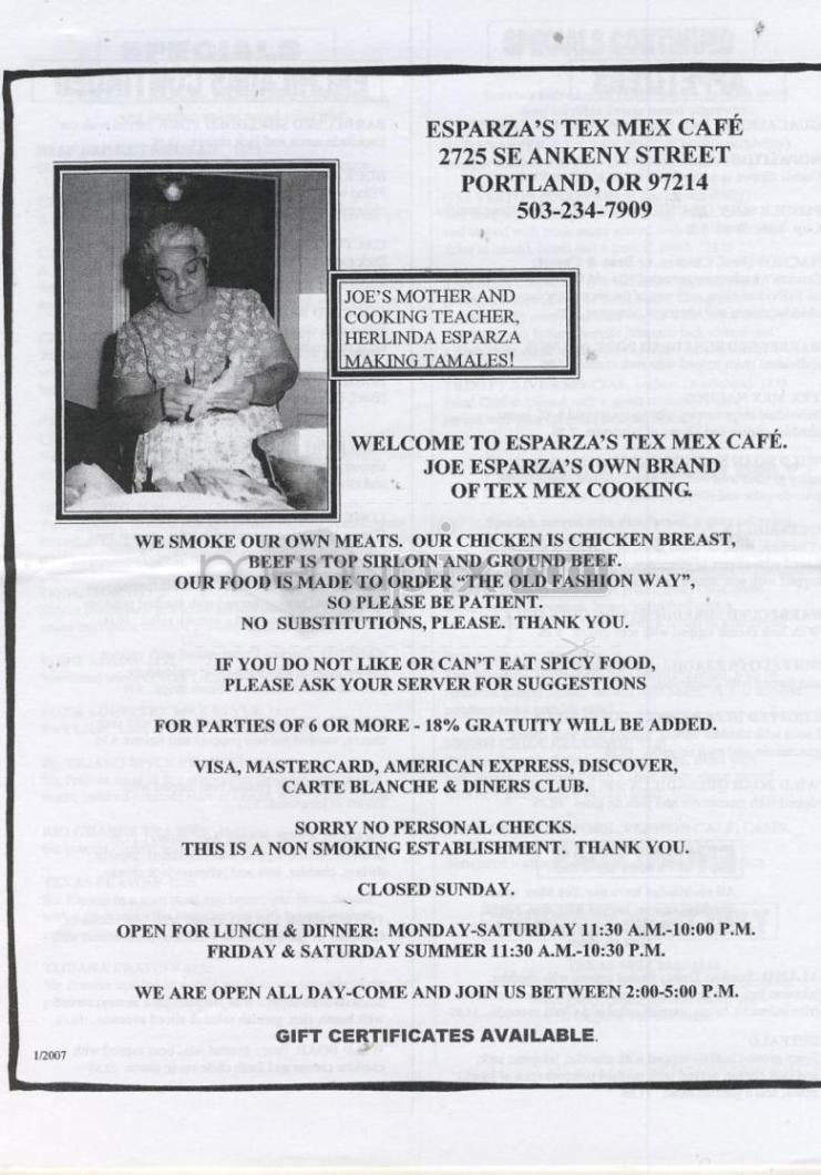 Esparza's Tex Mex Cafe - Portland, OR menu_pic