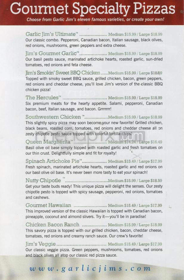 Garlic Jim's Famous Gourmet Pizza - Portland, OR menu_pic