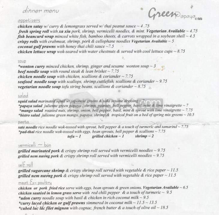 Green Papaya Bistro - Portland, OR menu_pic