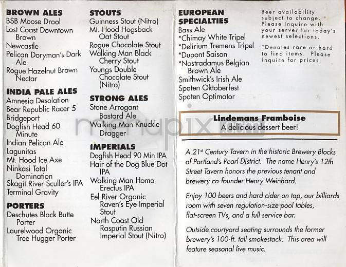 Henry's 12th Street Tavern - Portland, OR menu_pic