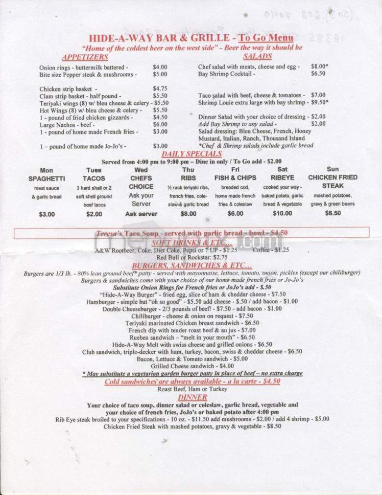 Hide-A-Way Bar & Grille - Beaverton, OR menu_pic