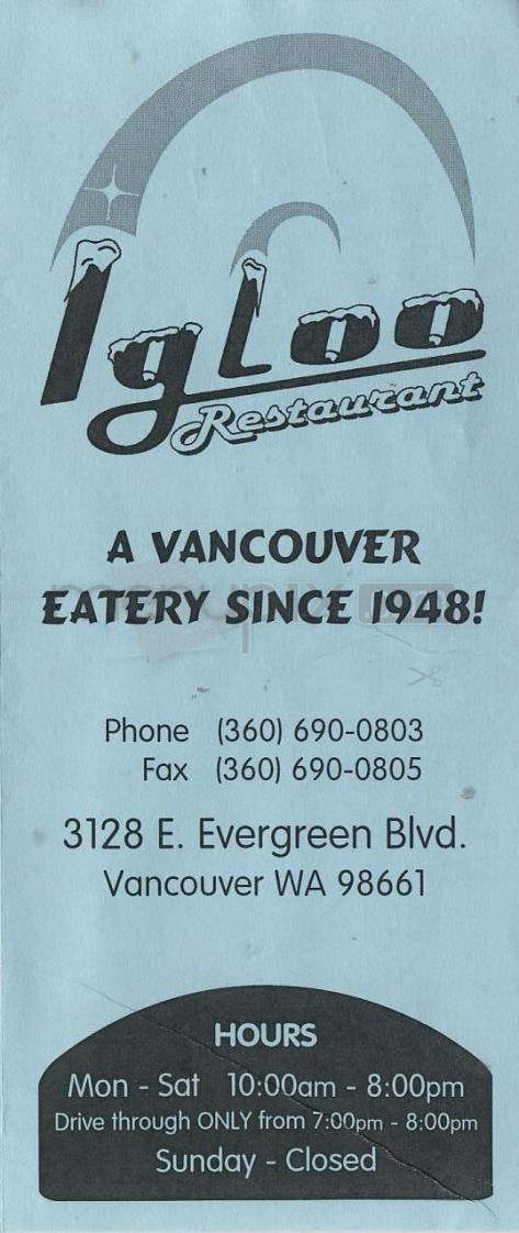 Igloo Restaurant - Vancouver, WA menu_pic