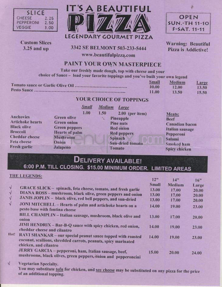It's A Beautiful Pizza - Portland, OR menu_pic
