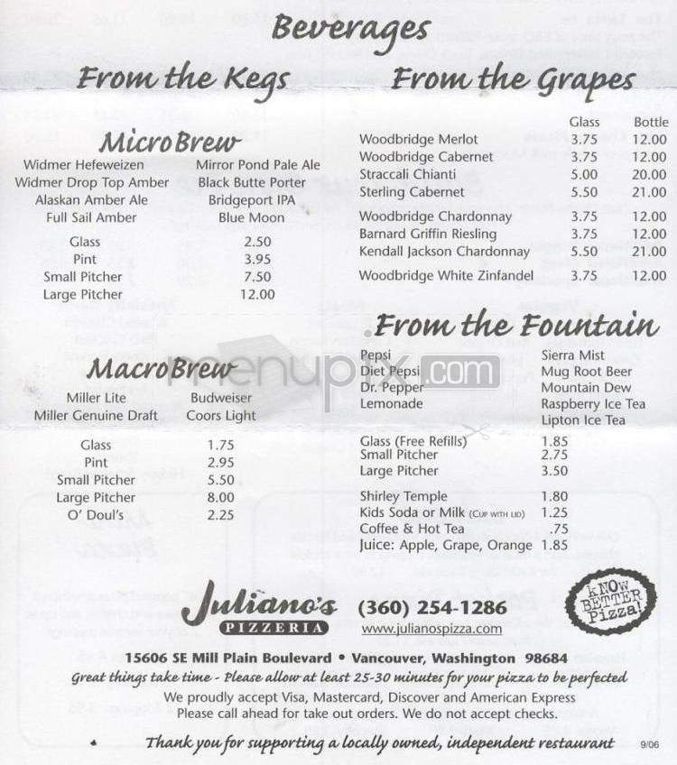 Juliano's Pizzeria - Vancouver, WA menu_pic