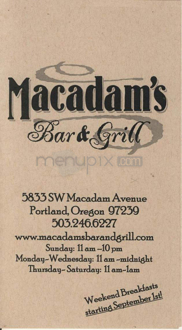 Macadam's Bar & Grill - Portland, OR menu_pic