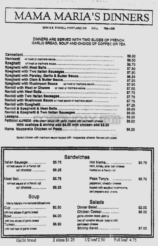 Mama Maria's Restaurant - Portland, OR menu_pic