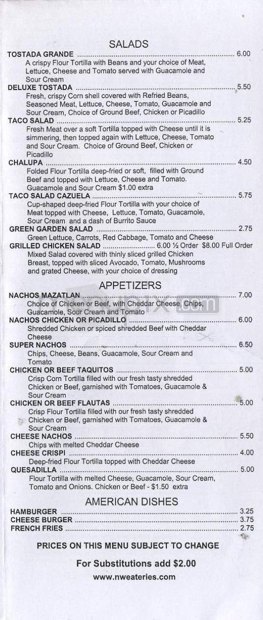 Mazatlan Mexican Restaurant - Aloha, OR menu_pic