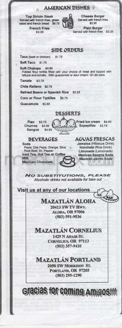 Mazatlan Mexican Restaurant - Portland, OR menu_pic