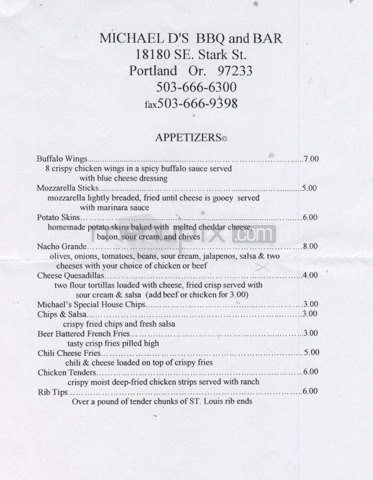 Michael D's BBQ and Bar - Portland, OR menu_pic