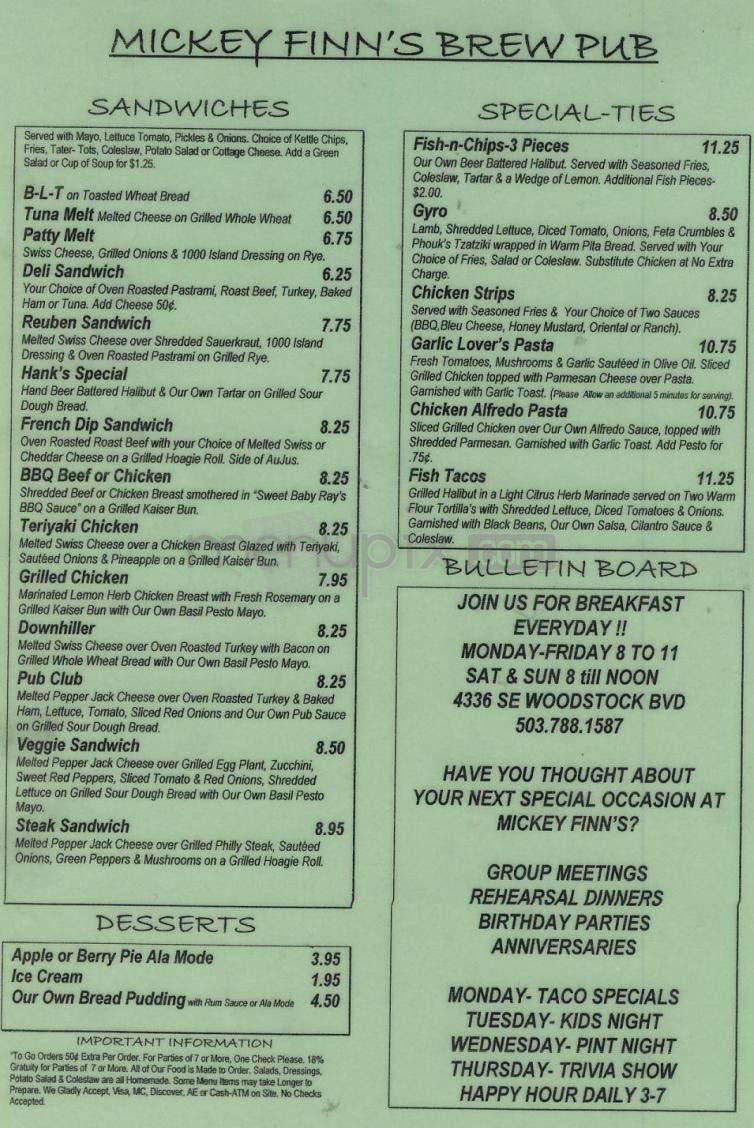 Mickey Finn's Brew Pub - Portland, OR menu_pic
