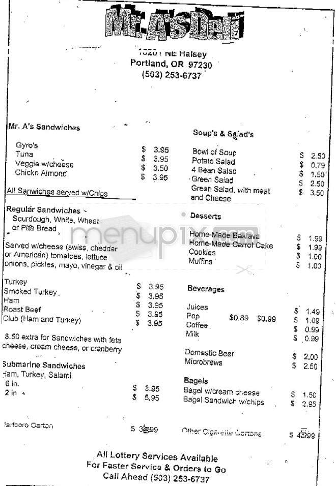 Mr A's Deli Mart - Portland, OR menu_pic