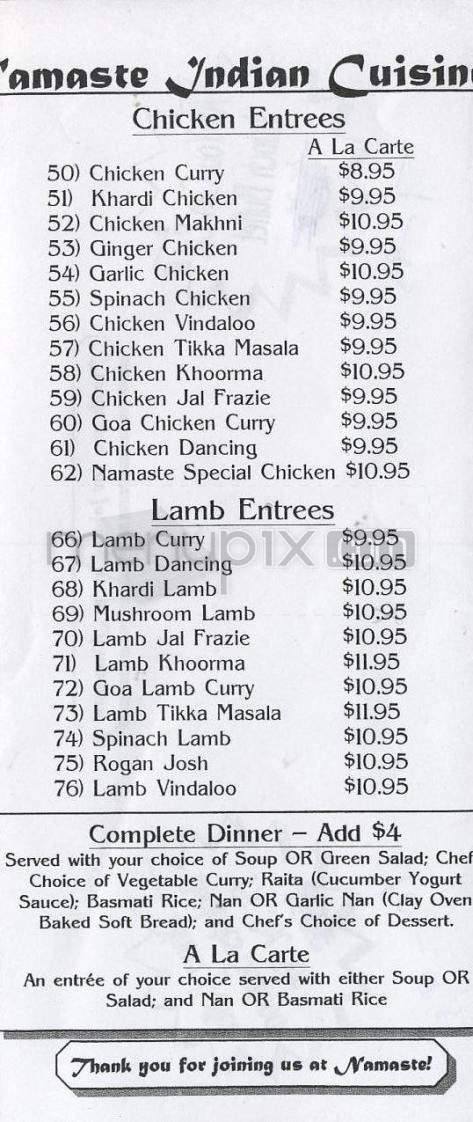 Namaste Indian Cuisine - Vancouver, WA menu_pic