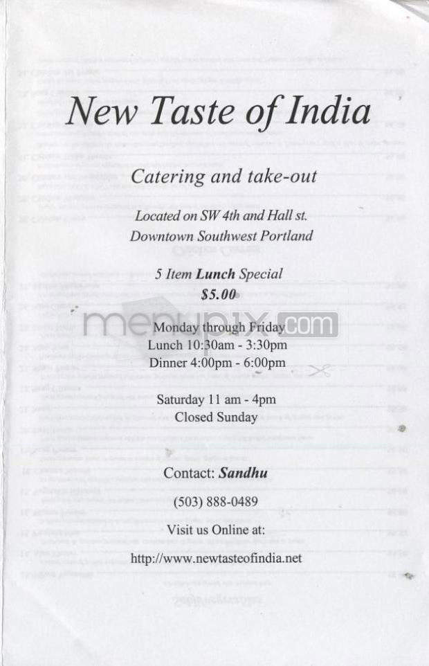 New Taste of India - Portland, OR menu_pic