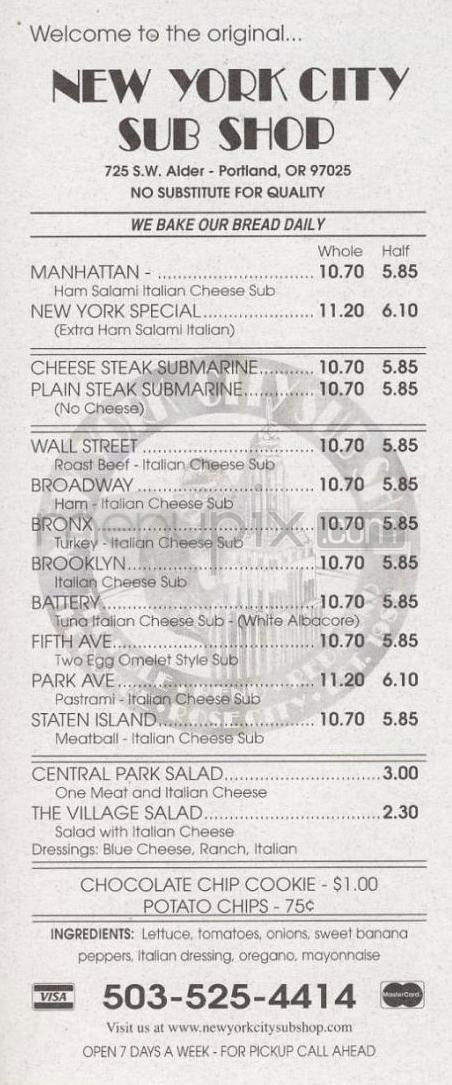 New York City Sub Shop - Portland, OR menu_pic