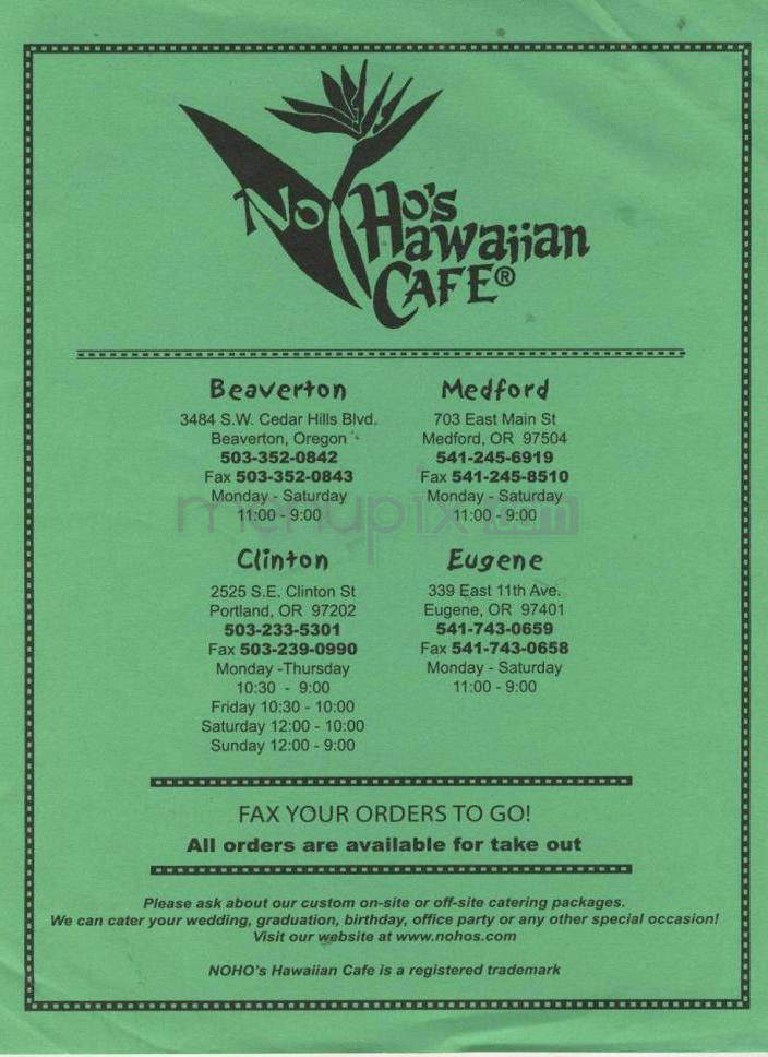 Noho's Hawaiian Cafe - Portland, OR menu_pic