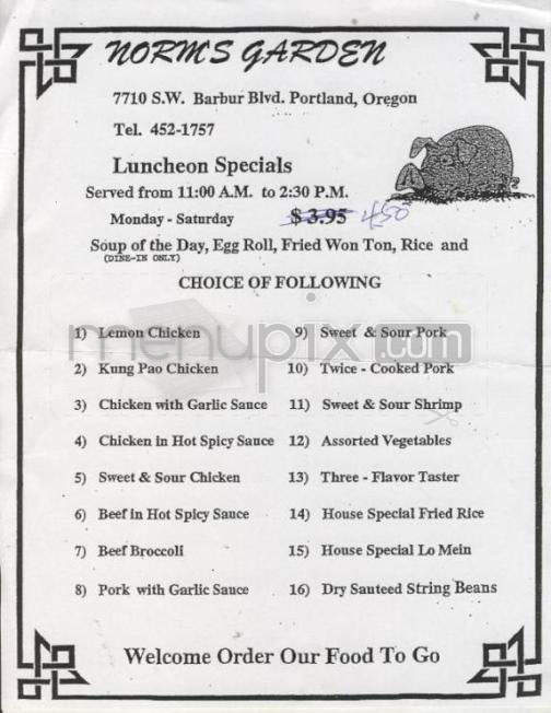 Norms Chinese Garden - Portland, OR menu_pic
