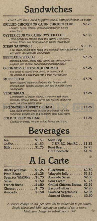 O'Connor's Restaurant - Portland, OR menu_pic