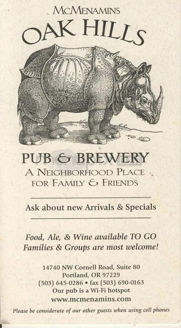 Oak Hills Pub & Brewery - Portland, OR menu_pic