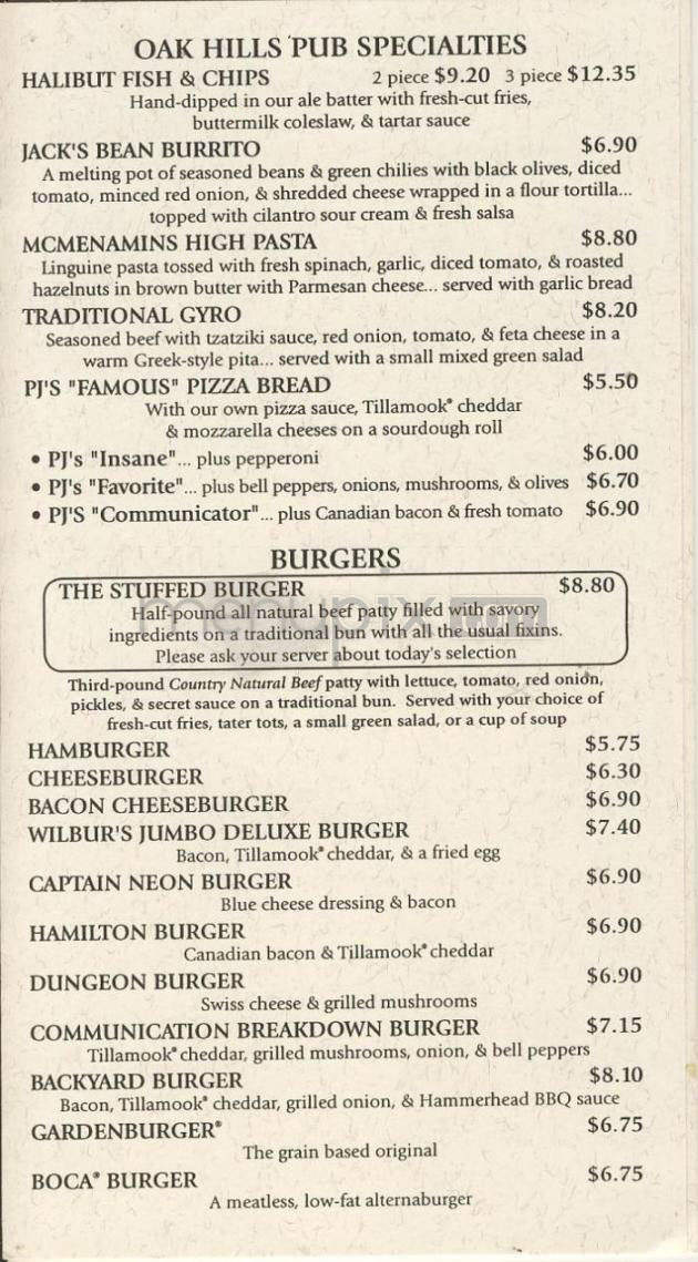 Oak Hills Pub & Brewery - Portland, OR menu_pic