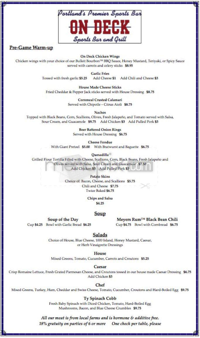 On Deck Sports Bar - Portland, OR menu_pic