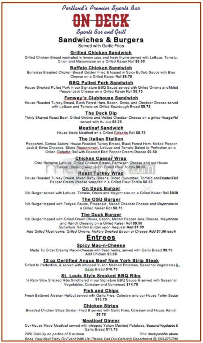On Deck Sports Bar - Portland, OR menu_pic