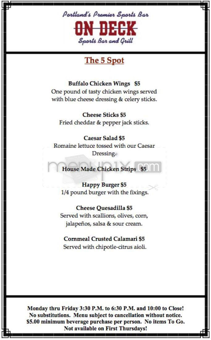 On Deck Sports Bar - Portland, OR menu_pic