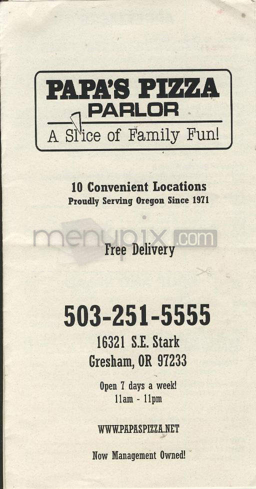 Papa's Pizza Parlor - Portland, OR menu_pic
