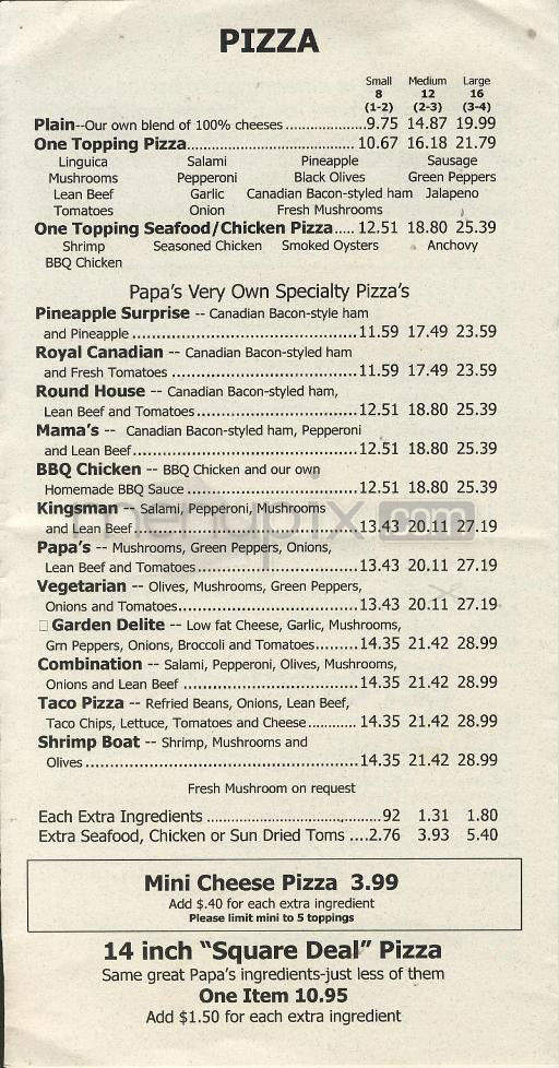 Papa's Pizza Parlor - Portland, OR menu_pic