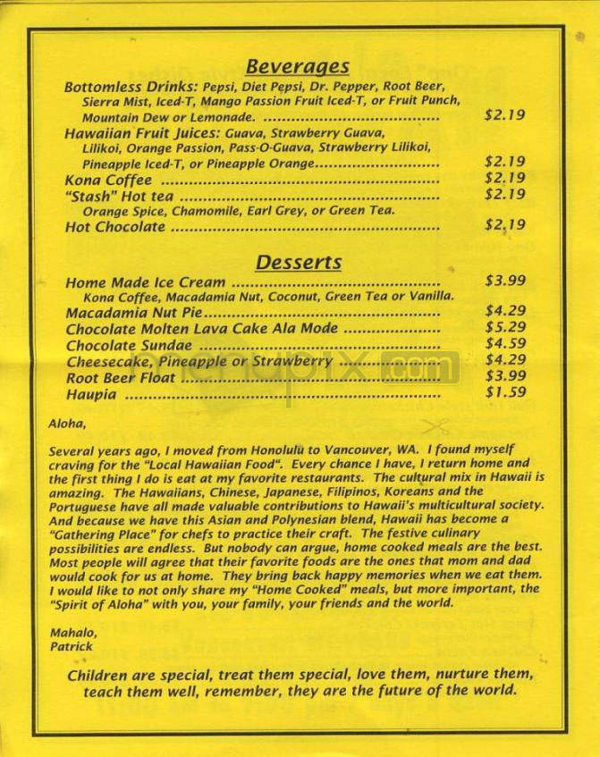 Patrick's Hawaiian Cafe - Vancouver, WA menu_pic