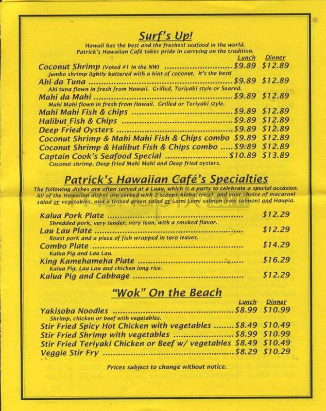Patrick's Hawaiian Cafe - Vancouver, WA menu_pic