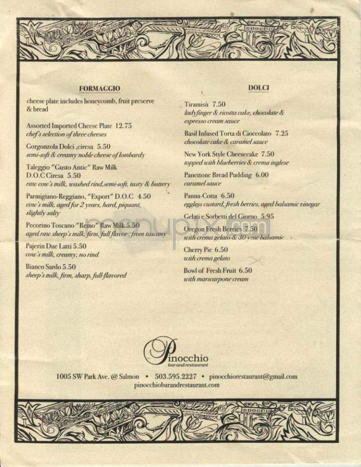 Pinocchio Bar & Restaurant - Portland, OR menu_pic