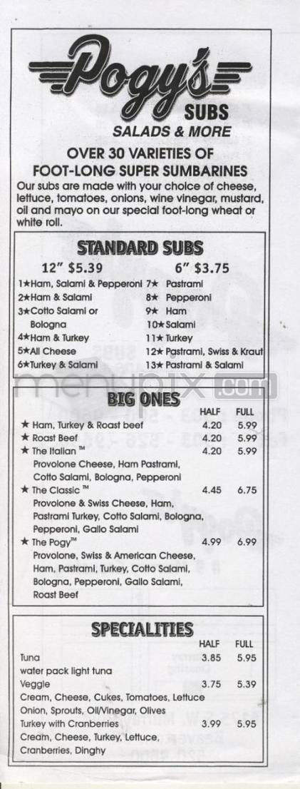 Pogy's Subs - Beaverton, OR menu_pic