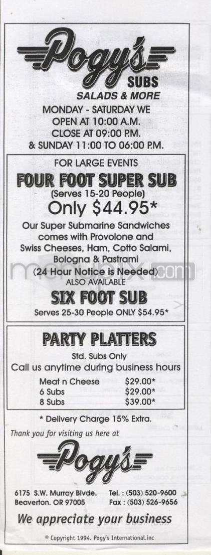 Pogy's Subs - Beaverton, OR menu_pic