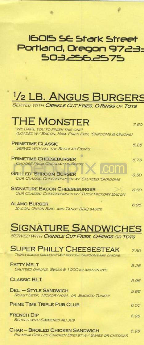 Prime Time Bar & Grill - Portland, OR menu_pic