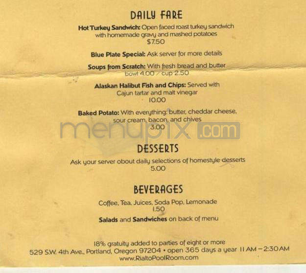 Rialto Poolroom, Bar, & Cafe - Portland, OR menu_pic
