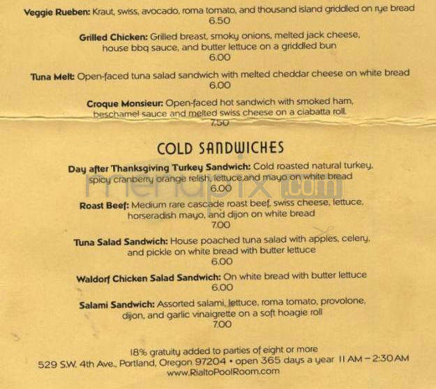 Rialto Poolroom, Bar, & Cafe - Portland, OR menu_pic