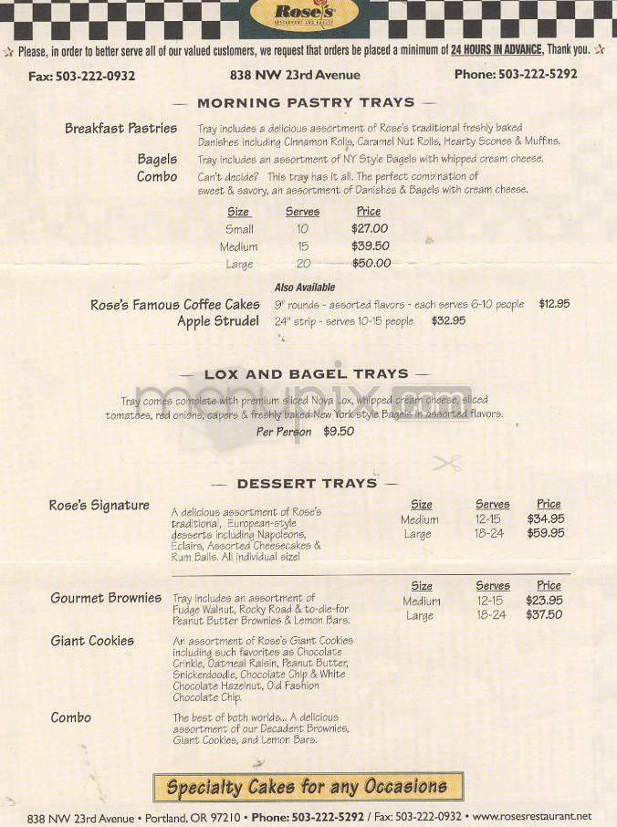 Rose's Restaurant & Bakery - Portland, OR menu_pic