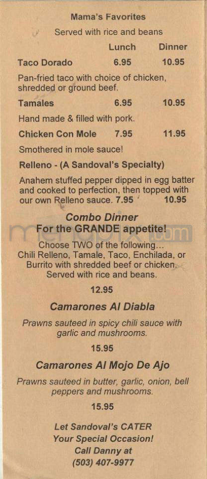 Sandoval's Cafe & Cantina - Portland, OR menu_pic