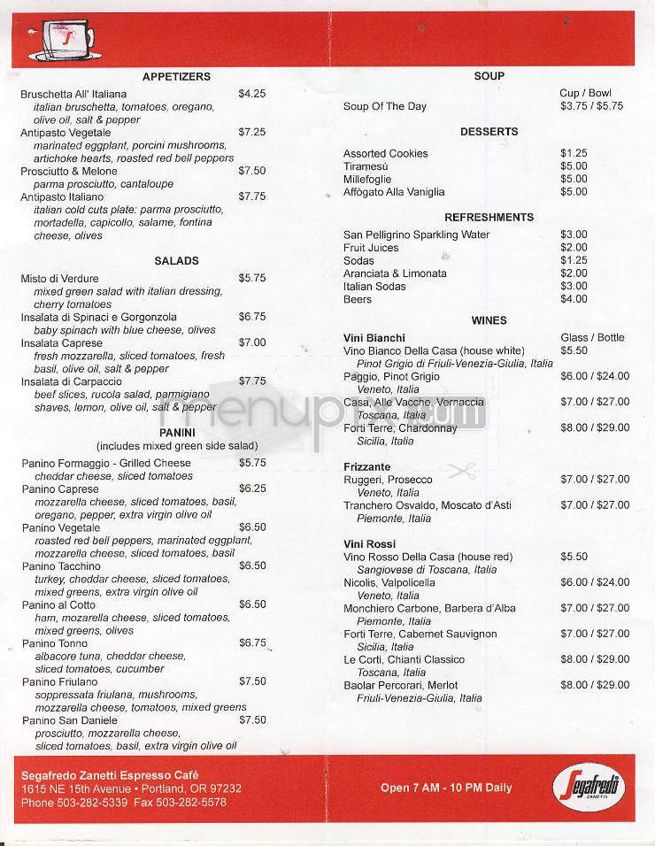 Segafredo Zanetti Espresso Cafe - Portland, OR menu_pic
