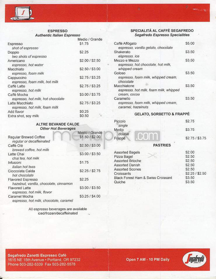 Segafredo Zanetti Espresso Cafe - Portland, OR menu_pic