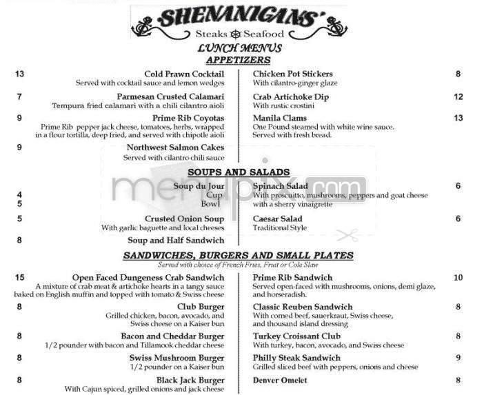 Shenanigan's Restaurant - Portland, OR menu_pic