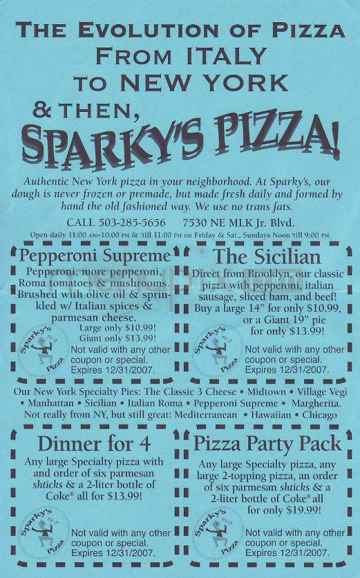 Sparky's Pizza - Portland, OR menu_pic